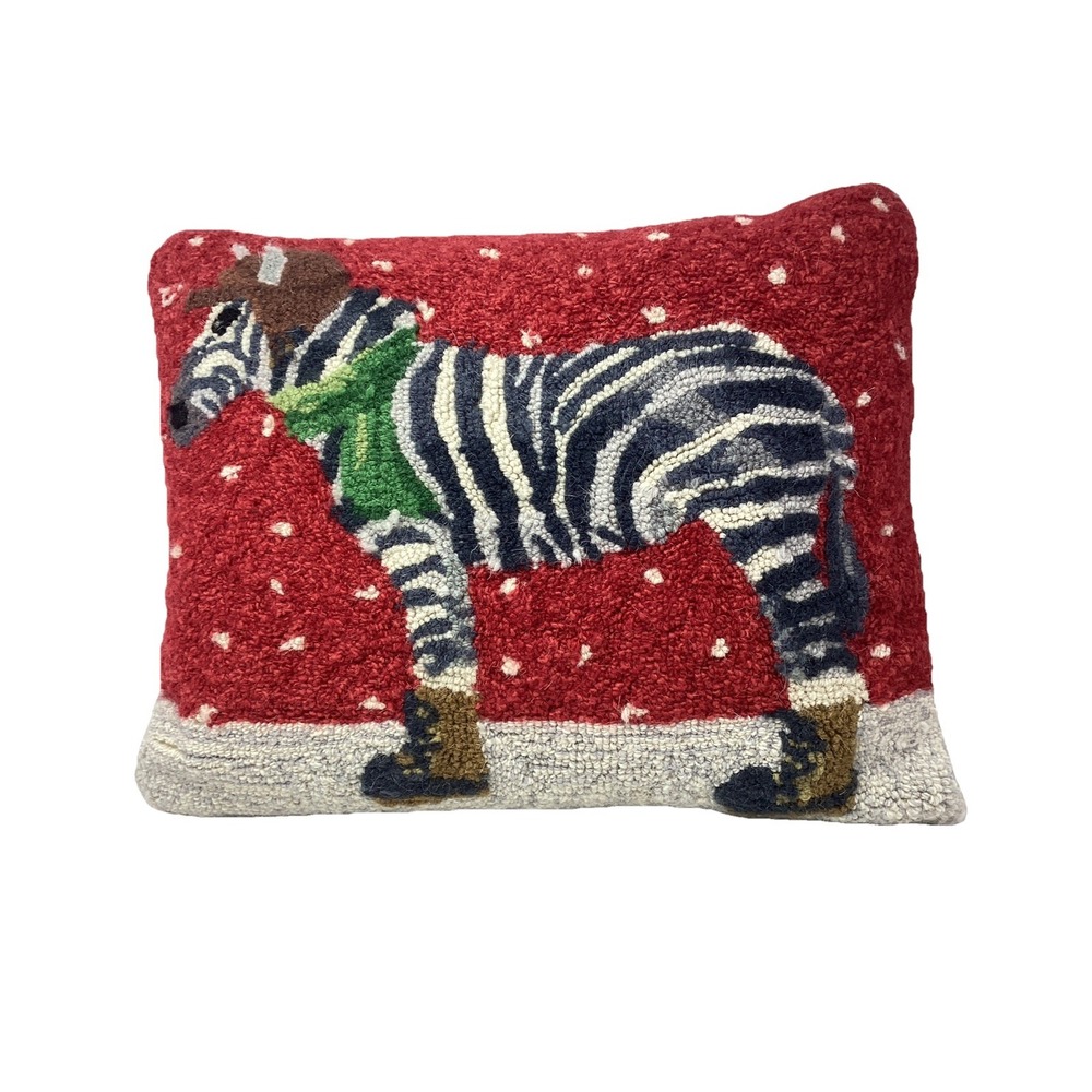 Zebra Winter Wonderland Grandin Road Christmas Hooked Wool Pillow w Insert 14x18